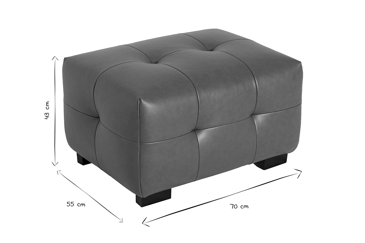 Dimensiones del pouf CORTO de cuero, 70x55x43 cm, en negro y blanco, vista desde arriba.