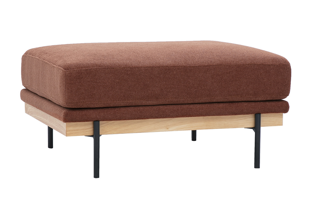Puf reposapi�s de tejido chenilla color tierra quemada y metal negro, vista de 3/4