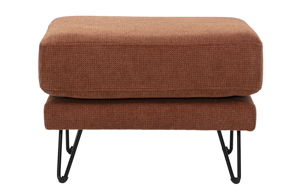 Puf reposapi�s de tejido chenilla color tierra quemada con patas de metal, vista frontal.