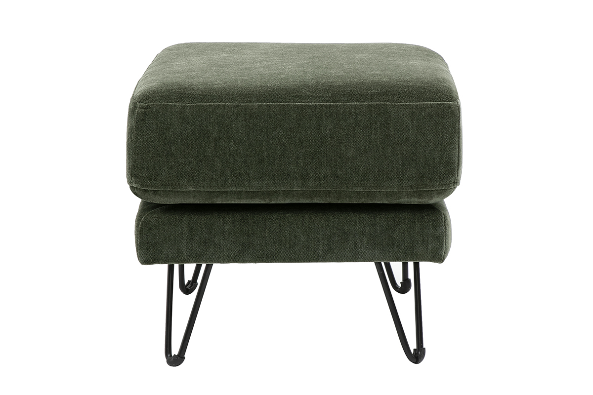 Ottoman reposapi�s de tela de terciopelo verde caqui con patas met�licas, vista de perfil