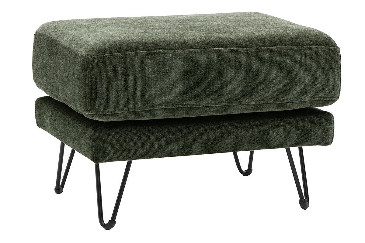 Puf reposapi�s de tela de terciopelo verde caqui con patas de metal, visto en 3/4.