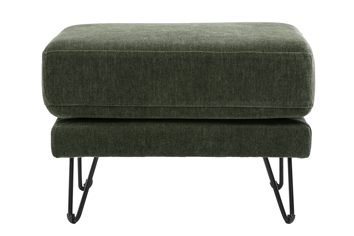 Puf reposapi�s de tela con efecto terciopelo verde caqui con patas de metal, vista frontal