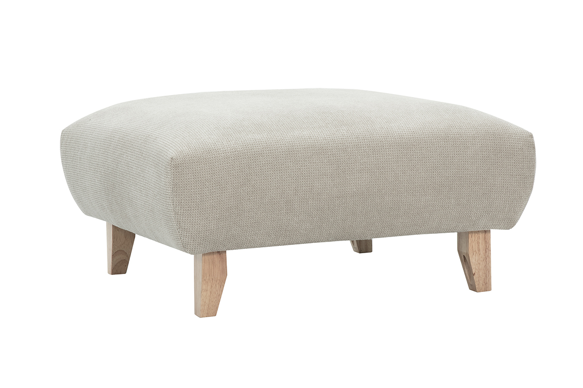 Puf reposapi�s en tela beige y madera clara, vista de 3/4.