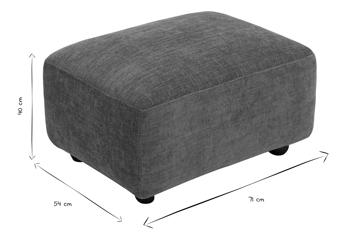 Dimensions del puf reposapi�s en blanco y negro, 71 cm de ancho, 54 cm de fondo, 40 cm de alto.