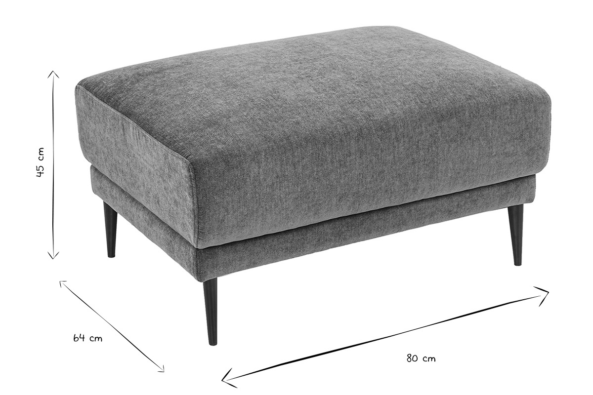 Dimensiones del puf reposapi�s JERRY: L80 x P64 x H45 cm, en negro y blanco.