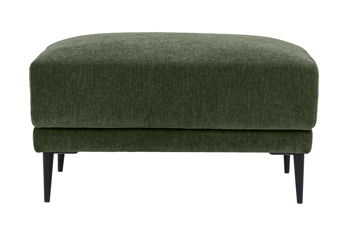 Pouf reposapi�s rectangular de tela verde caqui con patas de metal negro, vista frontal