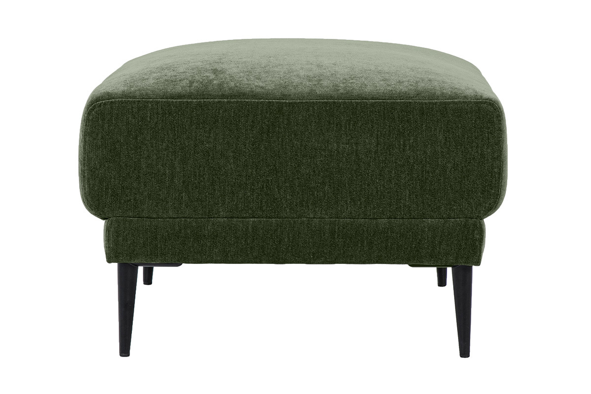 Puf reposapi�s de tela con efecto terciopelo verde caqui, vista de perfil con patas de metal negro.