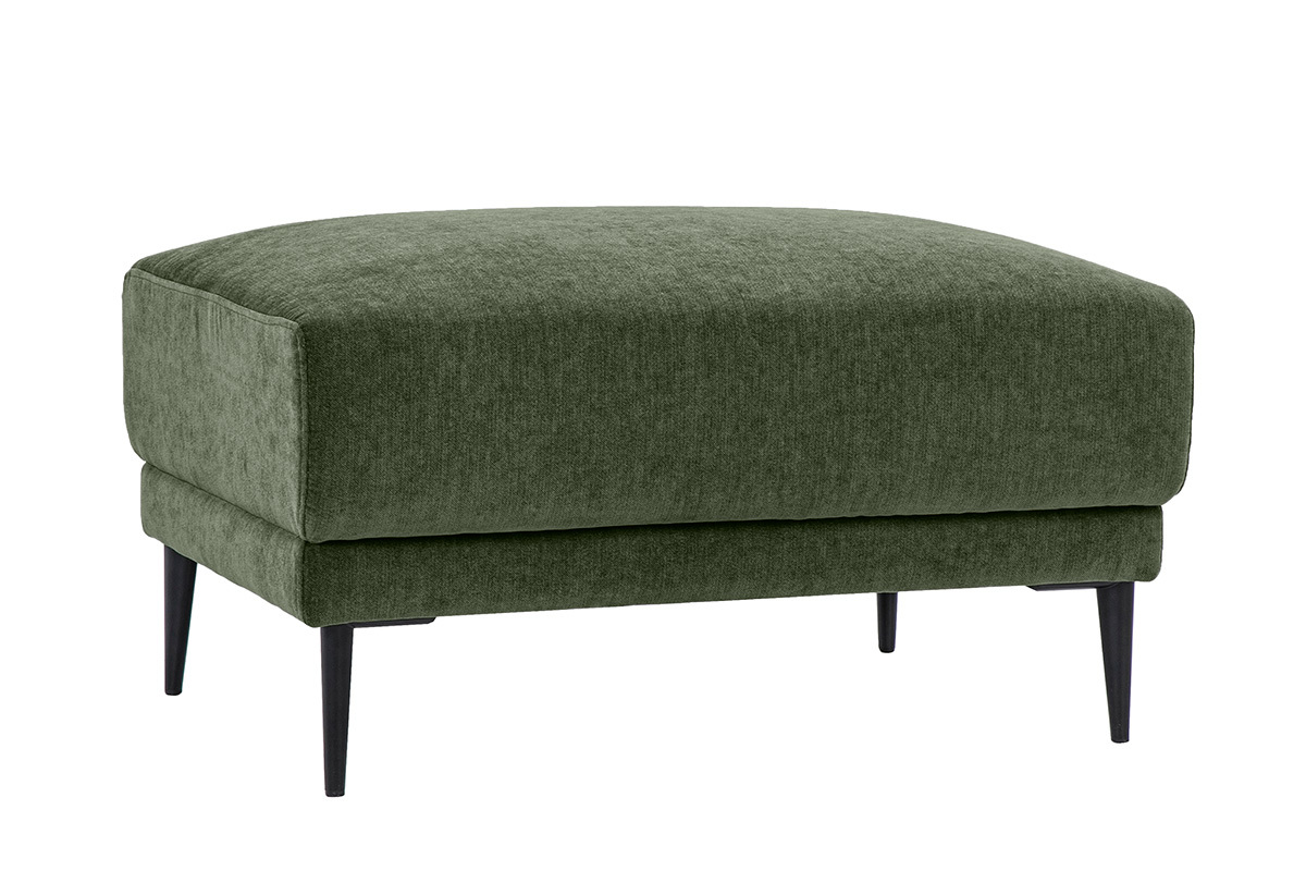 Puf reposapi�s de tejido con efecto terciopelo verde caqui y patas de metal negro, vista en tres cuartos.