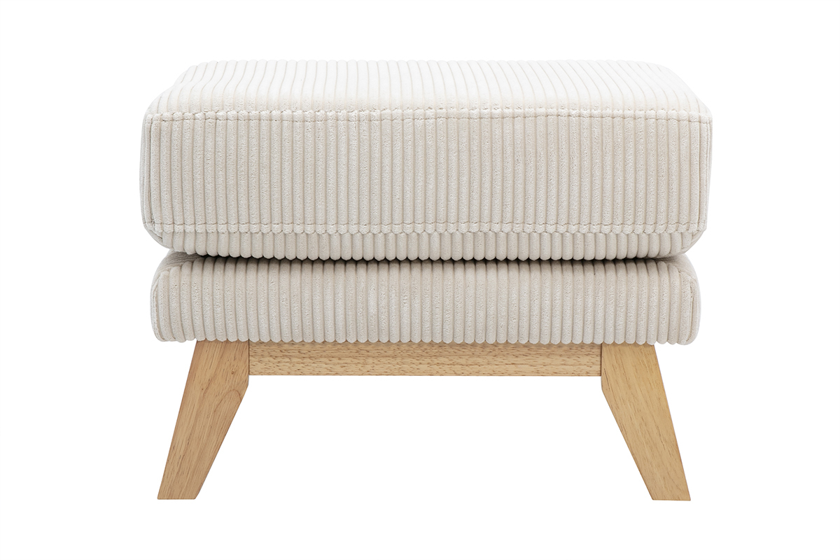 Puf reposapis desenfundable escandinavo en tela terciopelo acanalado beige y madera clara OSLO