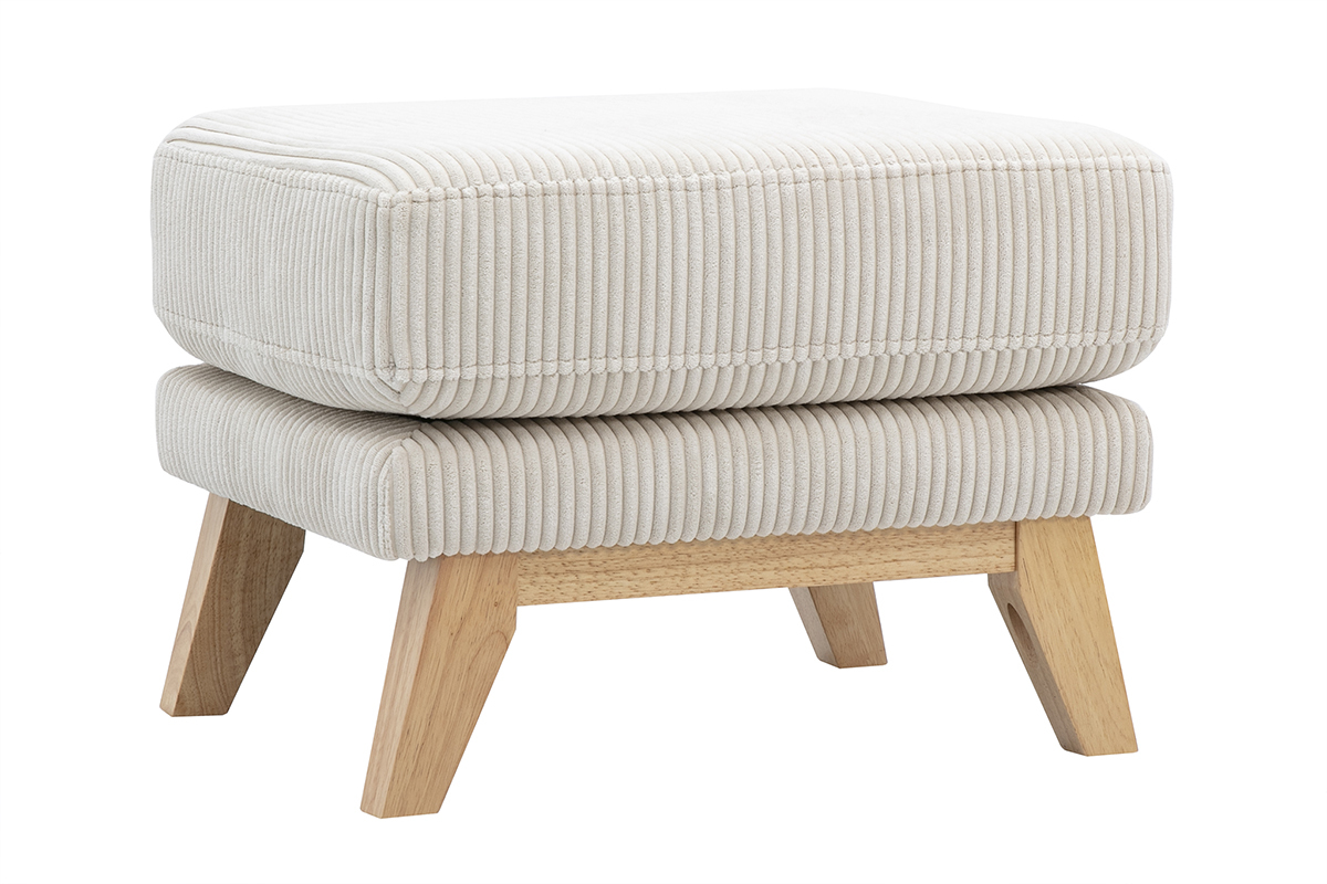 Puf reposapis desenfundable escandinavo en tela terciopelo acanalado beige y madera clara OSLO