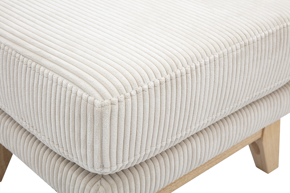 Puf reposapis desenfundable escandinavo en tela terciopelo acanalado beige y madera clara OSLO