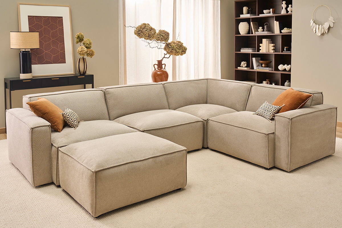 Puf reposapi�s en tejido chenilla beige SPLIT