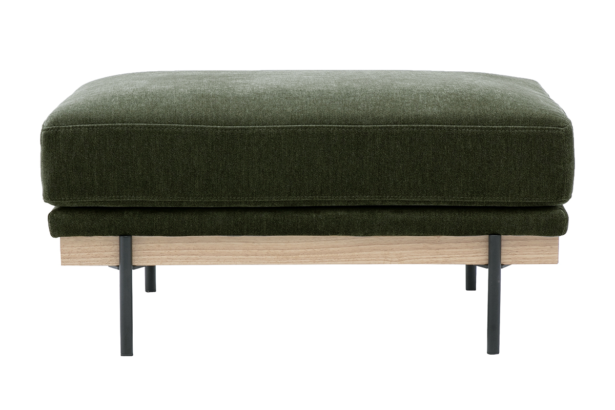 Vista frontal del puf reposapi�s TODD en tejido efecto terciopelo verde caqui con patas de metal negro.