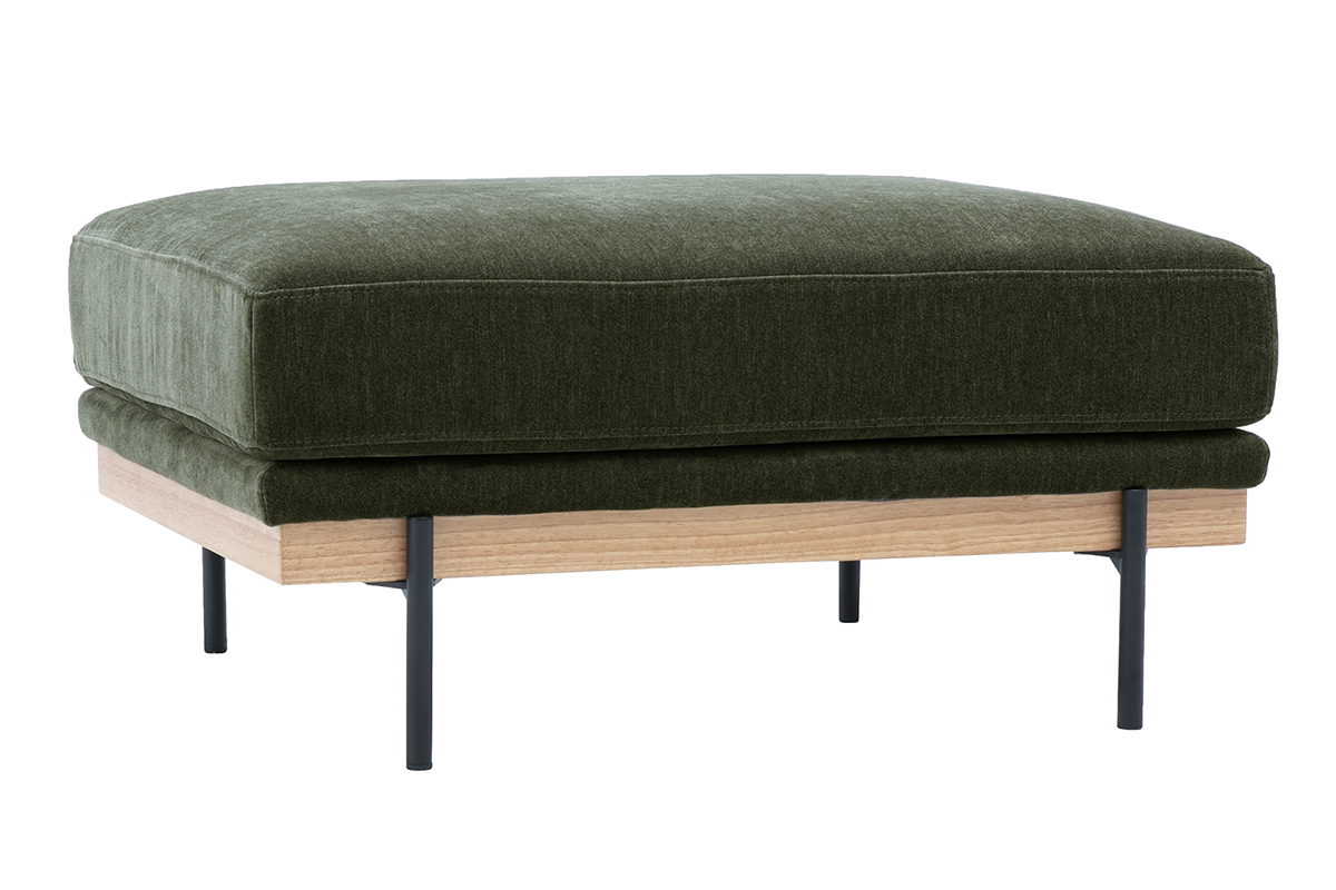 Puf reposapi�s verde caqui en tejido efecto terciopelo con estructura de madera y metal, vista de 3/4
