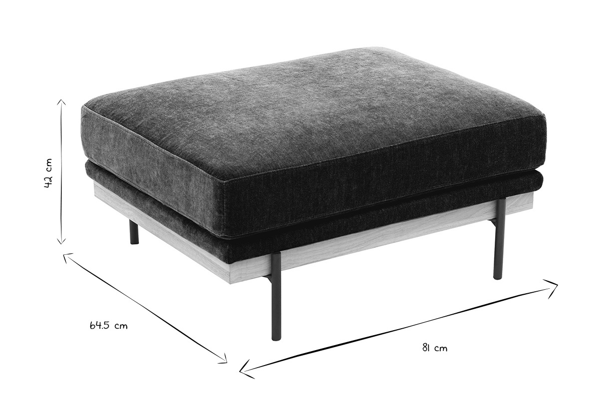 Dimensiones del puf reposapi�s TODD: An.81 x Pr.64.5 x Al.42 cm, en negro y blanco.