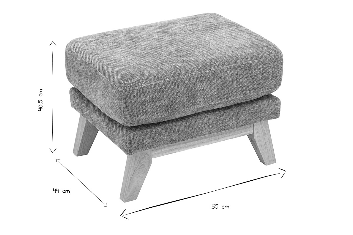 Dimensions del pouf reposapi�s: L55 x P44 x H40,5 cm, foto en blanco y negro.