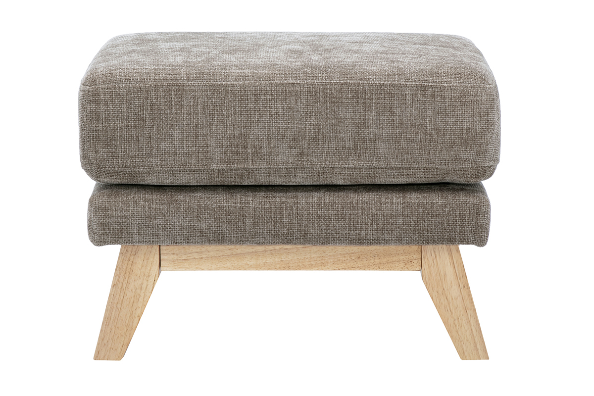 Pouf reposapi�s escandinavo en tejido topo con base de madera clara, vista frontal.