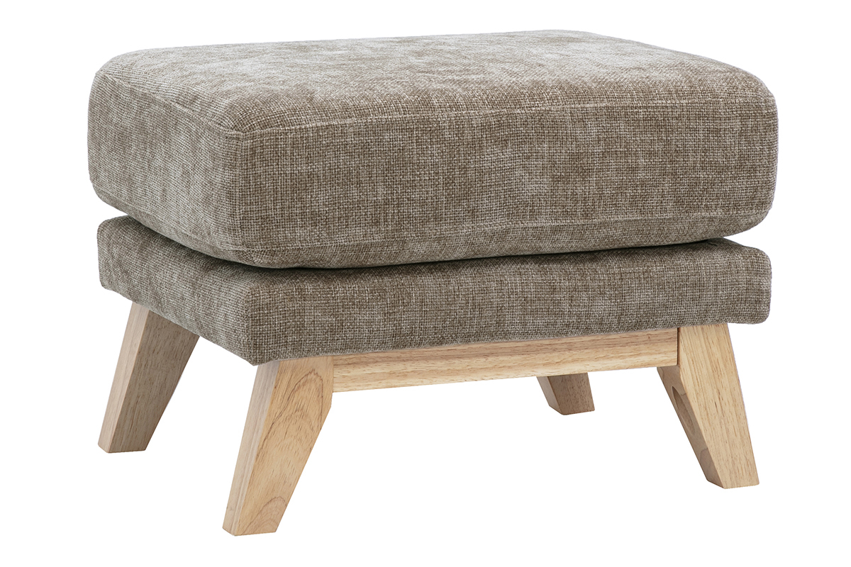 Puf reposapi�s escandinavo topo con base de madera clara, vista en �ngulo de tres cuartos