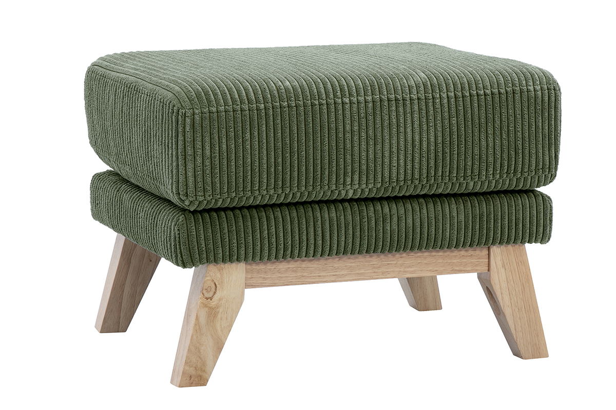 Puf reposapis escandinavo desenfundable en tela terciopelo acanalado verde caqui y madera clara OSLO