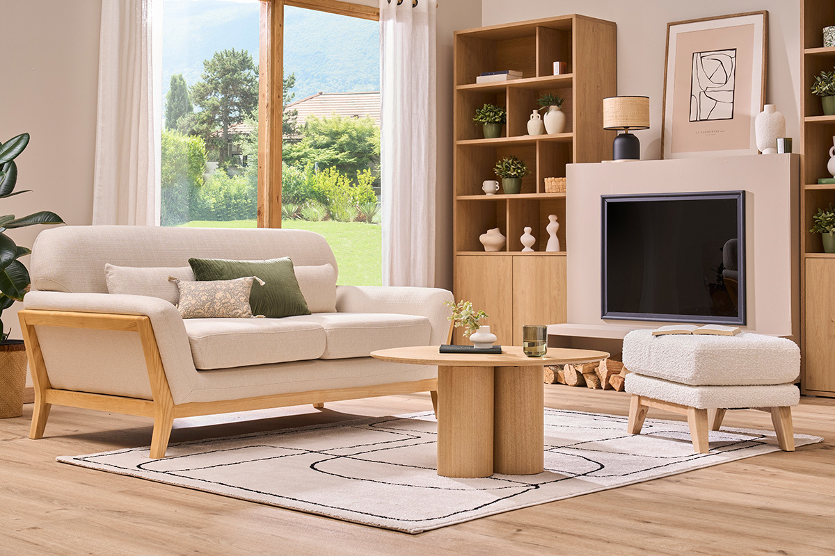 Puf reposapi�s escandinavo en tela efecto terciopelo verde caqui y madera clara OSLO
