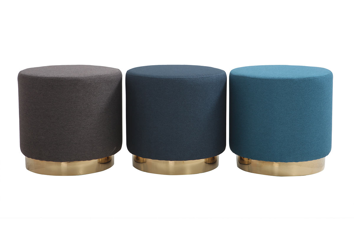 Puff redondo en tejido azul petrleo y metal dorado BETTY
