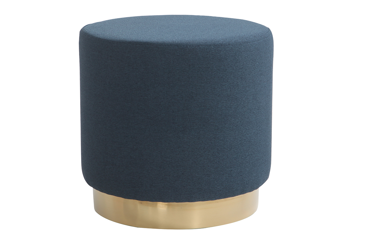 Puff redondo en tejido azul y metal dorado BETTY