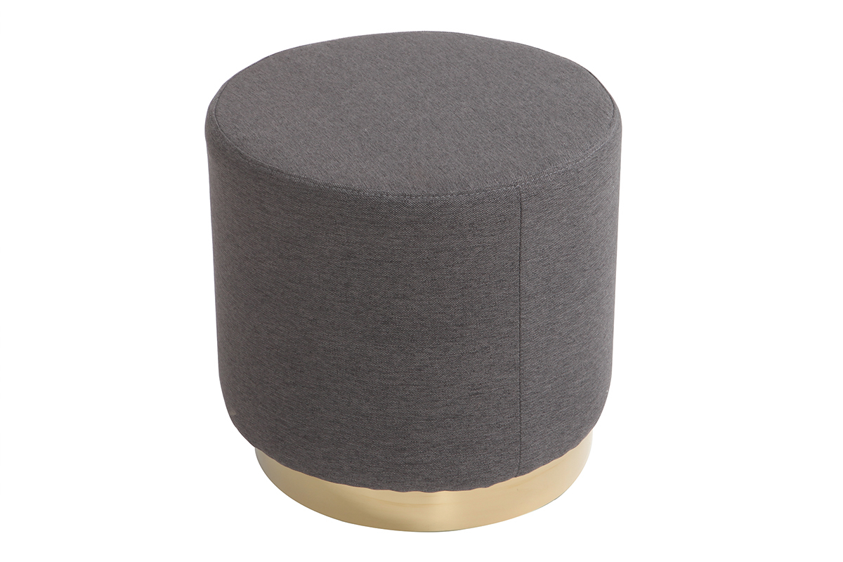 Puff redondo en tejido gris y metal dorado BETTY