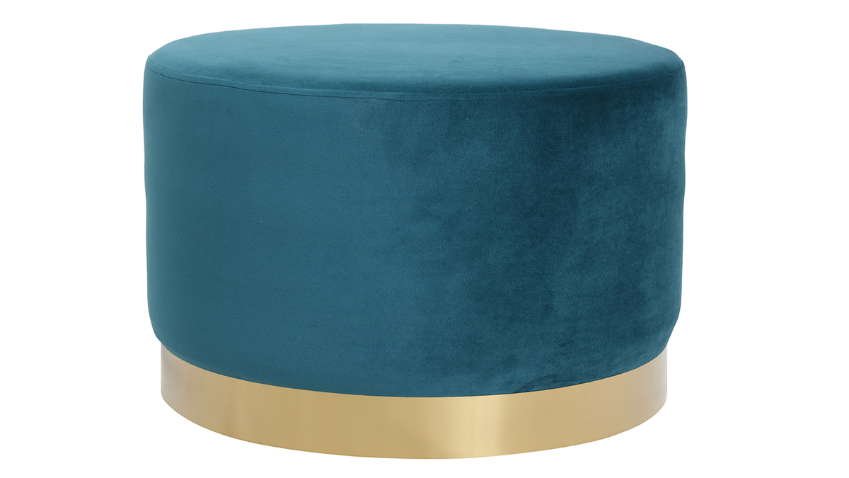 Puff redondo en terciopelo azul petrleo y metal dorado 54 cm AMAYA