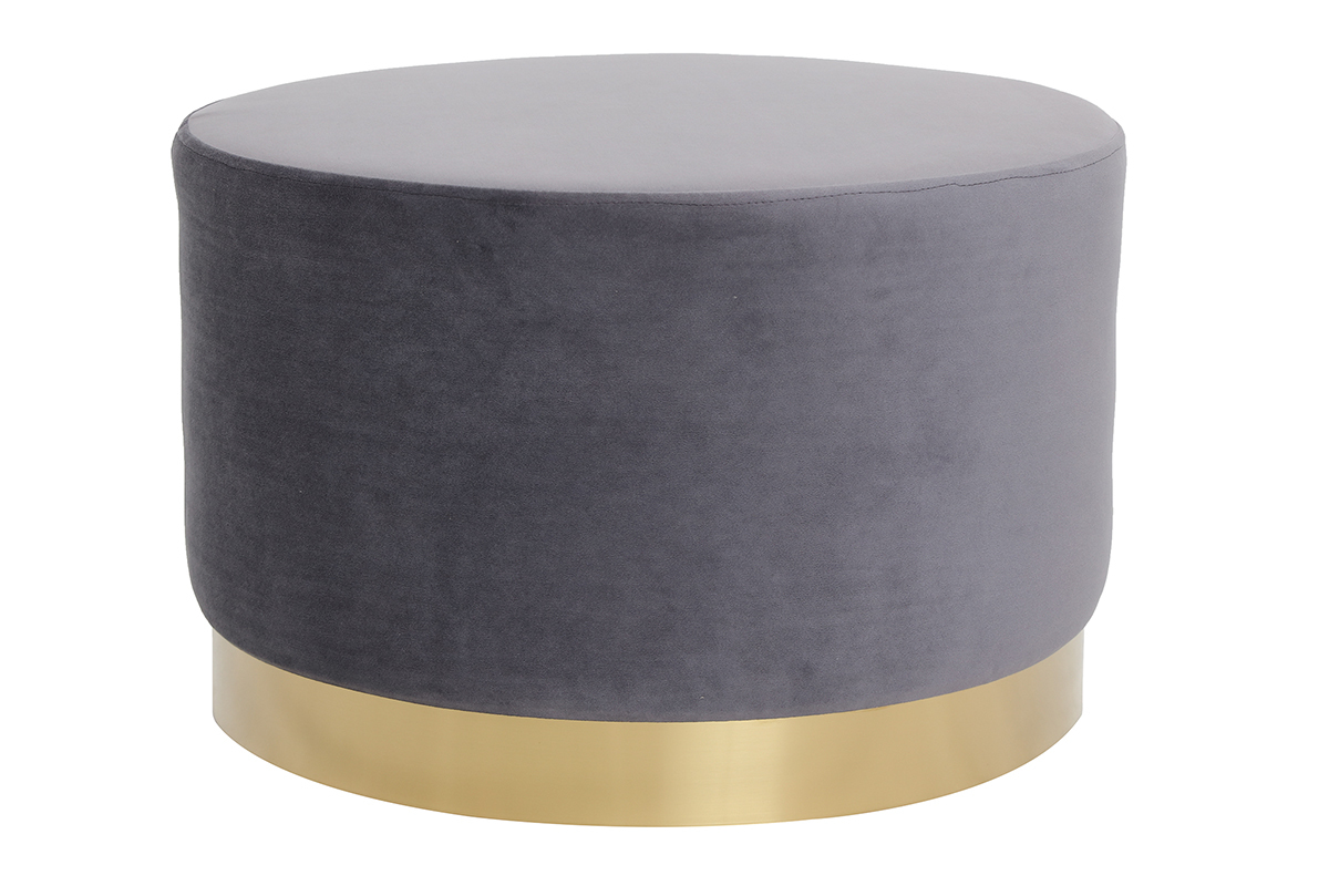 Puff redondo en terciopelo gris y metal dorado 54 cm AMAYA
