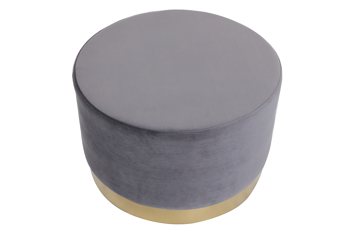 Puff redondo en terciopelo gris y metal dorado 54 cm AMAYA