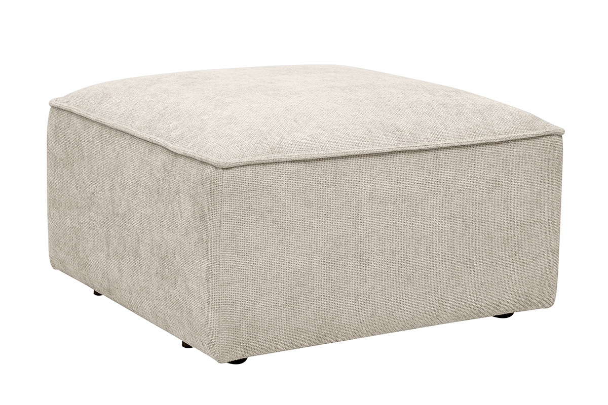 Puf cuadrado beige de tela con efecto terciopelo texturizado, vista en 3/4