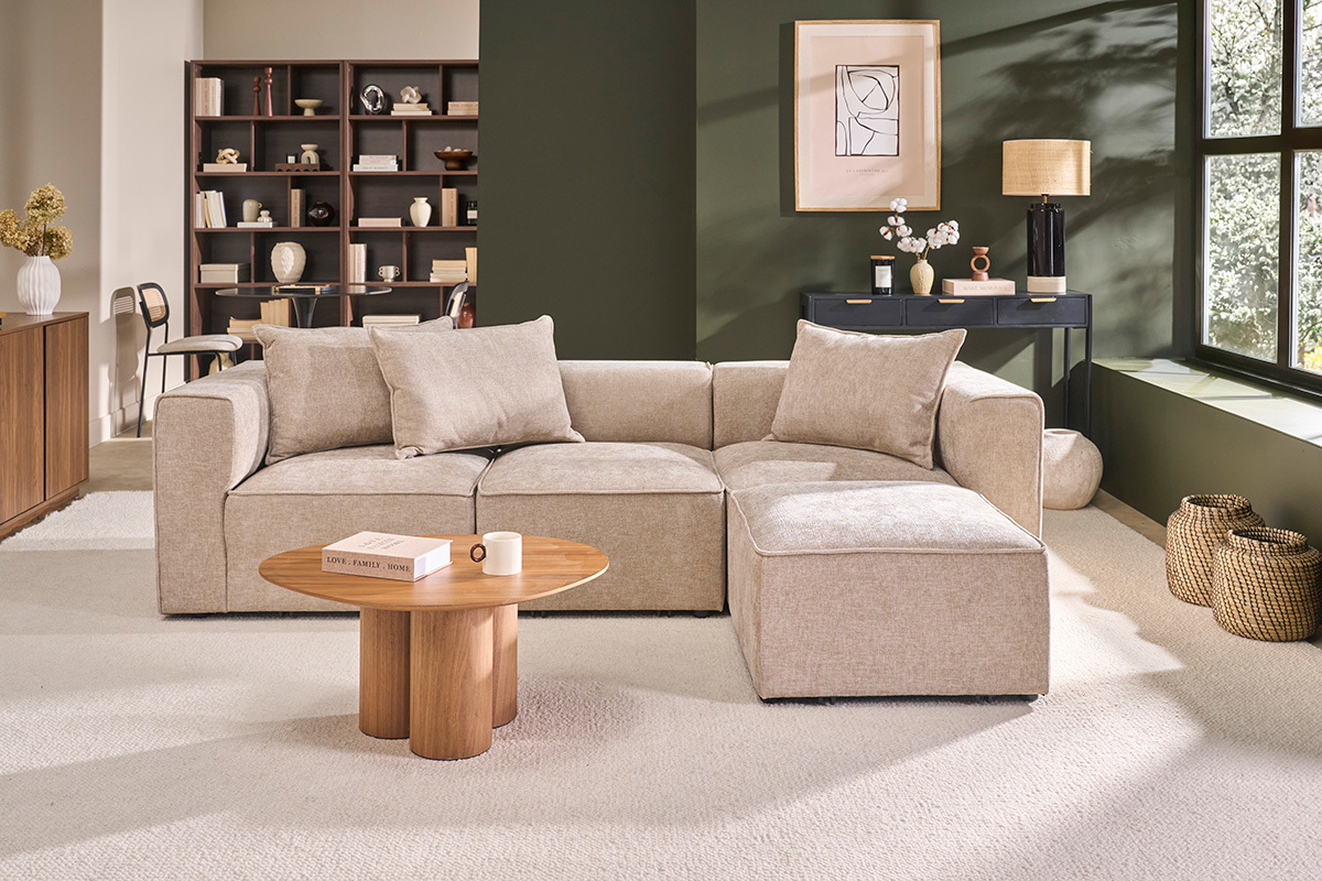 Puff reposapi�s en tejido efecto terciopelo texturizado beige KERRY