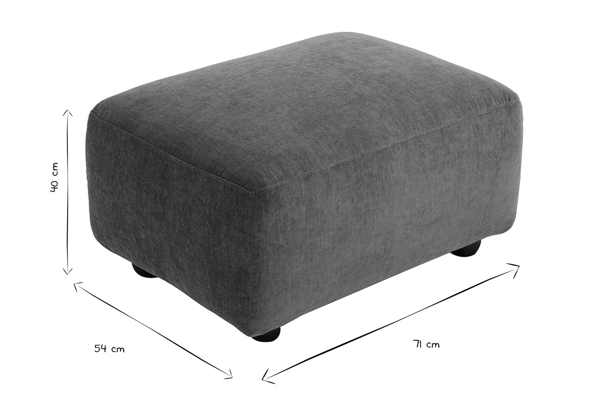 Dimensiones del puf JOYA en blanco y negro: 40 cm de altura, 54 cm de ancho, 71 cm de profundidad.