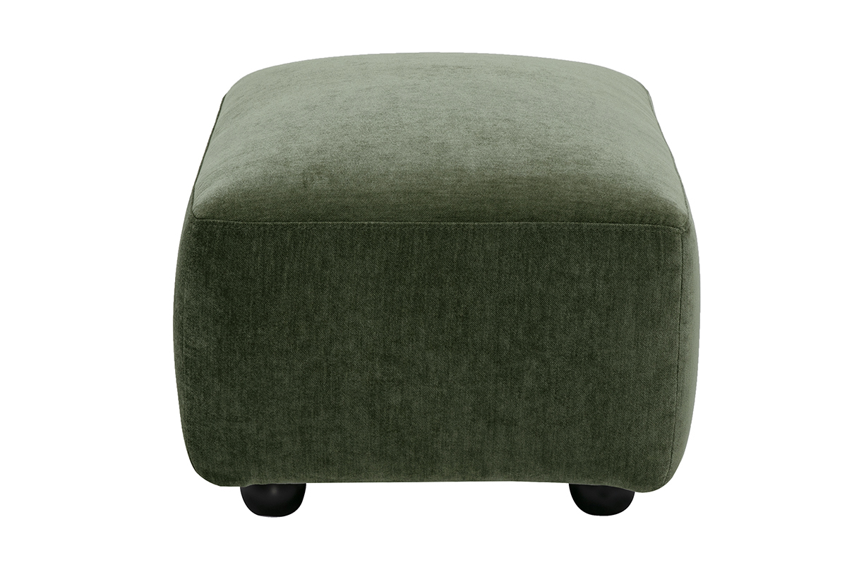 Pouf reposapi�s rectangular de tela con efecto terciopelo verde caqui, vista de perfil.