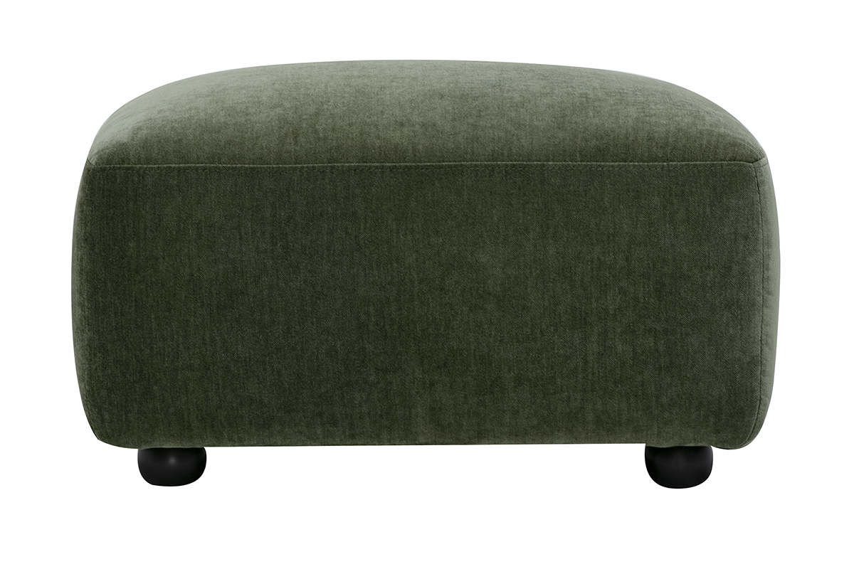 Puf de tela con efecto terciopelo verde caqui, vista frontal