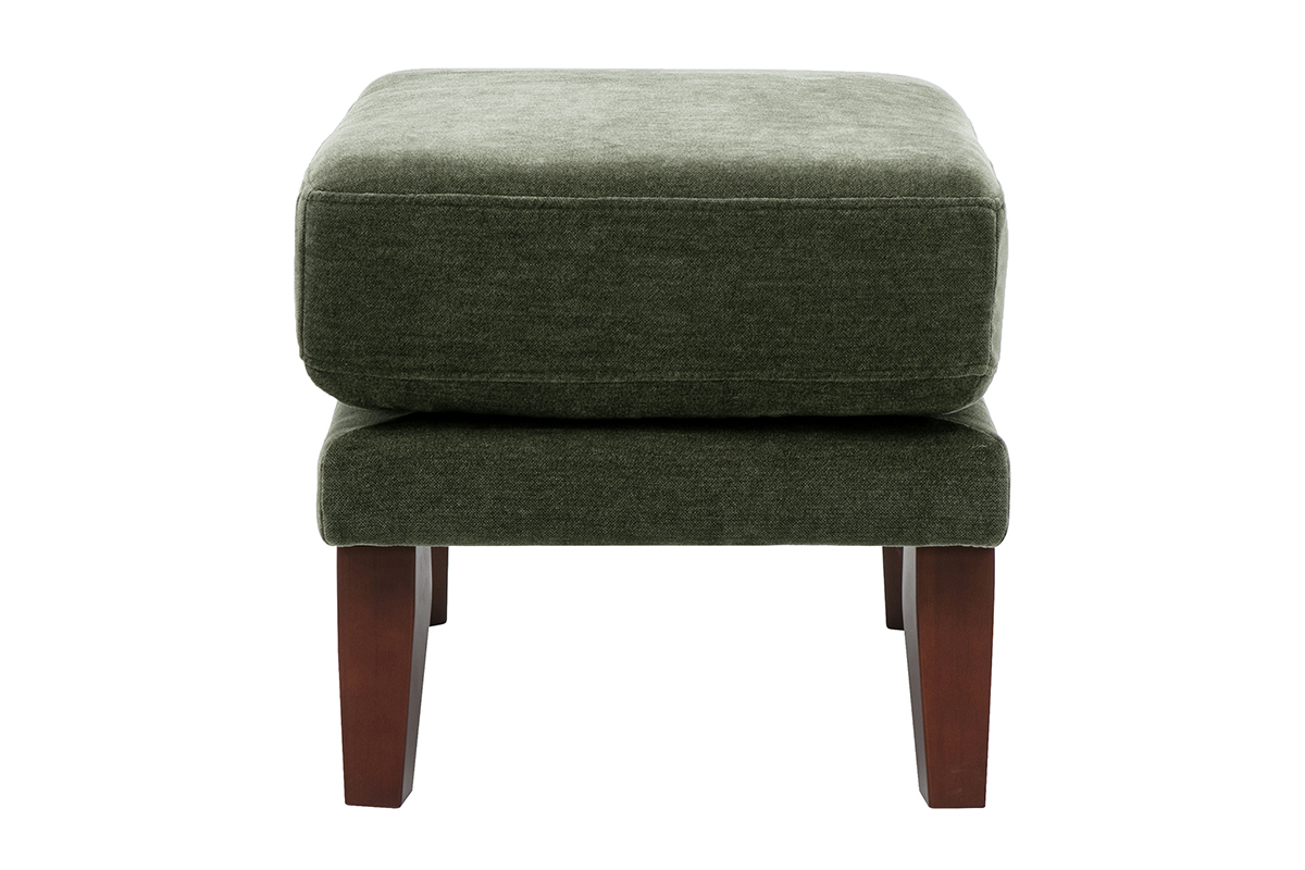 Pouf reposapi�s escandinavo de tela de terciopelo verde caqui, vista de perfil, con patas de madera oscura.