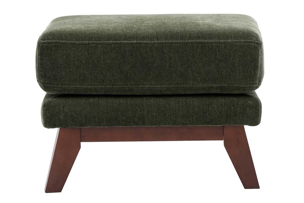 Puf reposapi�s escandinavo verde caqui con base de madera oscura, vista frontal.