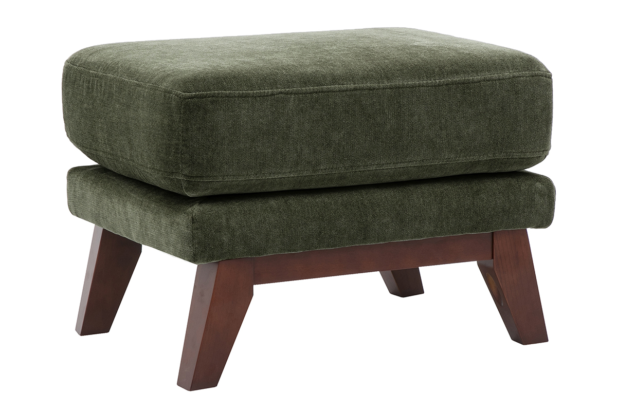 Puf reposapi�s escandinavo de tela con efecto terciopelo verde caqui y madera oscura, vista de 3/4.