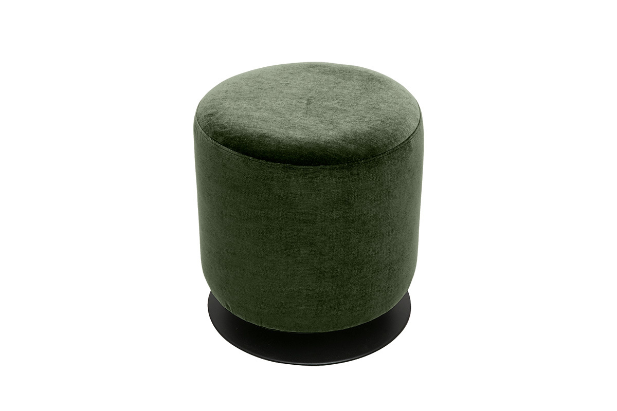 Puf redondo giratorio en tejido efecto terciopelo verde caqui con base de metal, vista superior