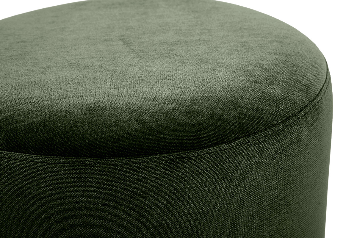 Puf redondo giratorio en tejido efecto terciopelo verde caqui, vista superior, D39.5 cm, dise�o contempor�neo.