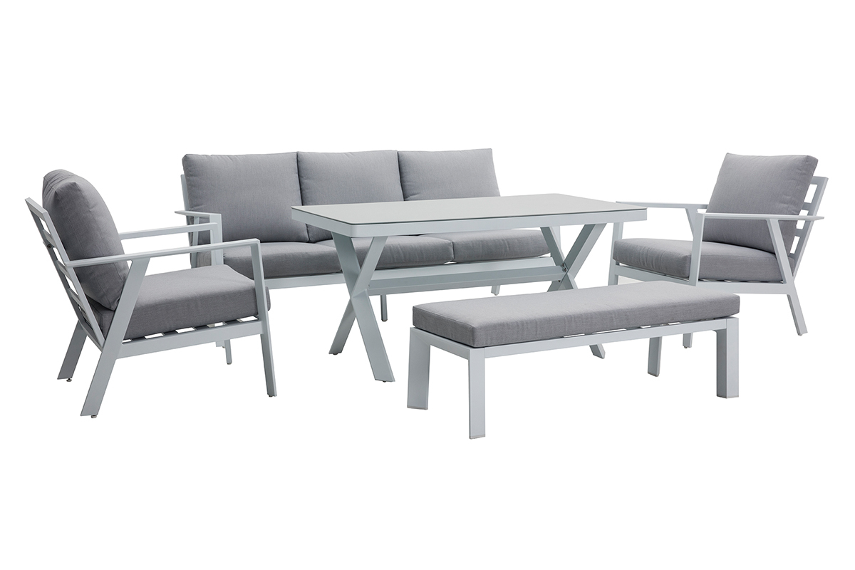 Saln de jardn 7 plazas con mesa de comedor en aluminio y tejido gris CALYPSO