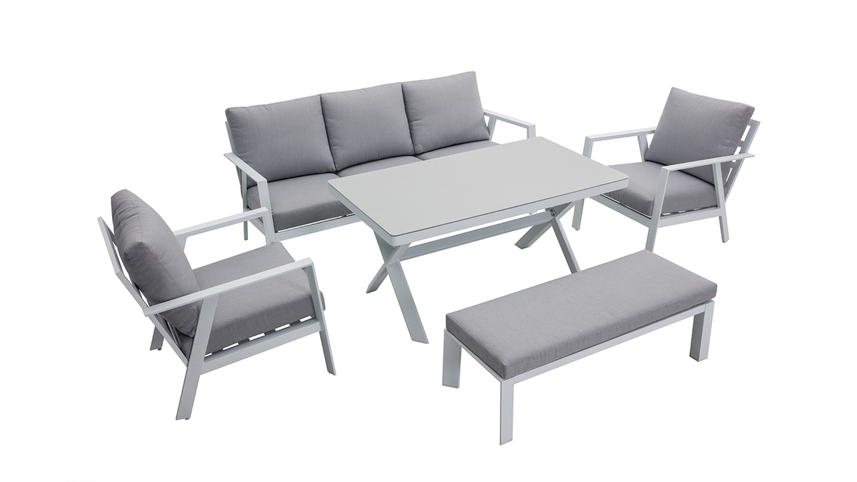 Saln de jardn 7 plazas con mesa de comedor en aluminio y tejido gris CALYPSO