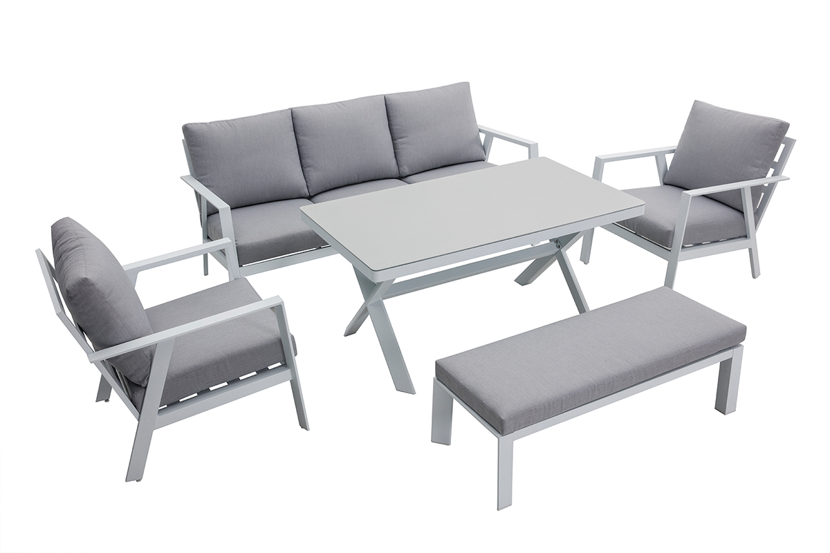 Saln de jardn 7 plazas con mesa de comedor en aluminio y tejido gris CALYPSO