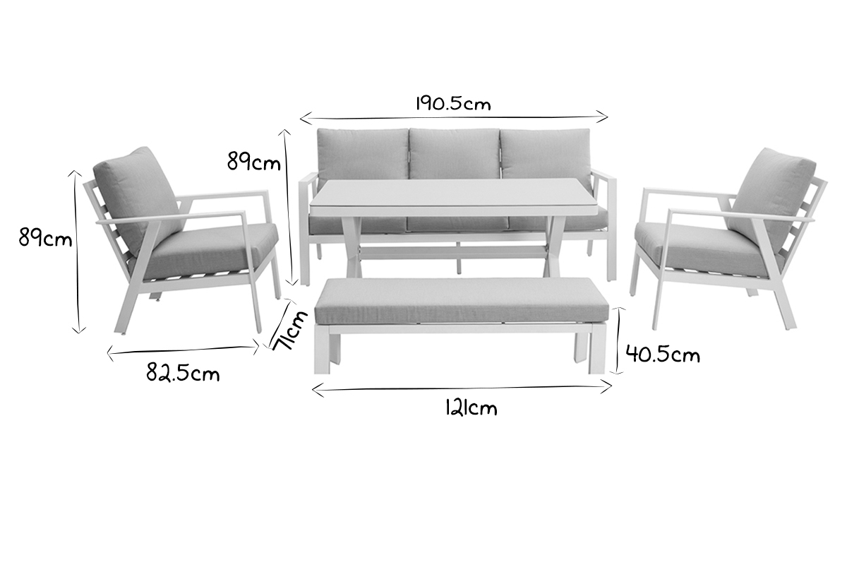 Saln de jardn 7 plazas con mesa de comedor en aluminio y tejido gris CALYPSO