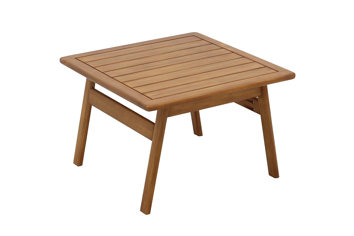 Mesa de centro cuadrada de madera de acacia con tablero de listones, vista de 3/4.