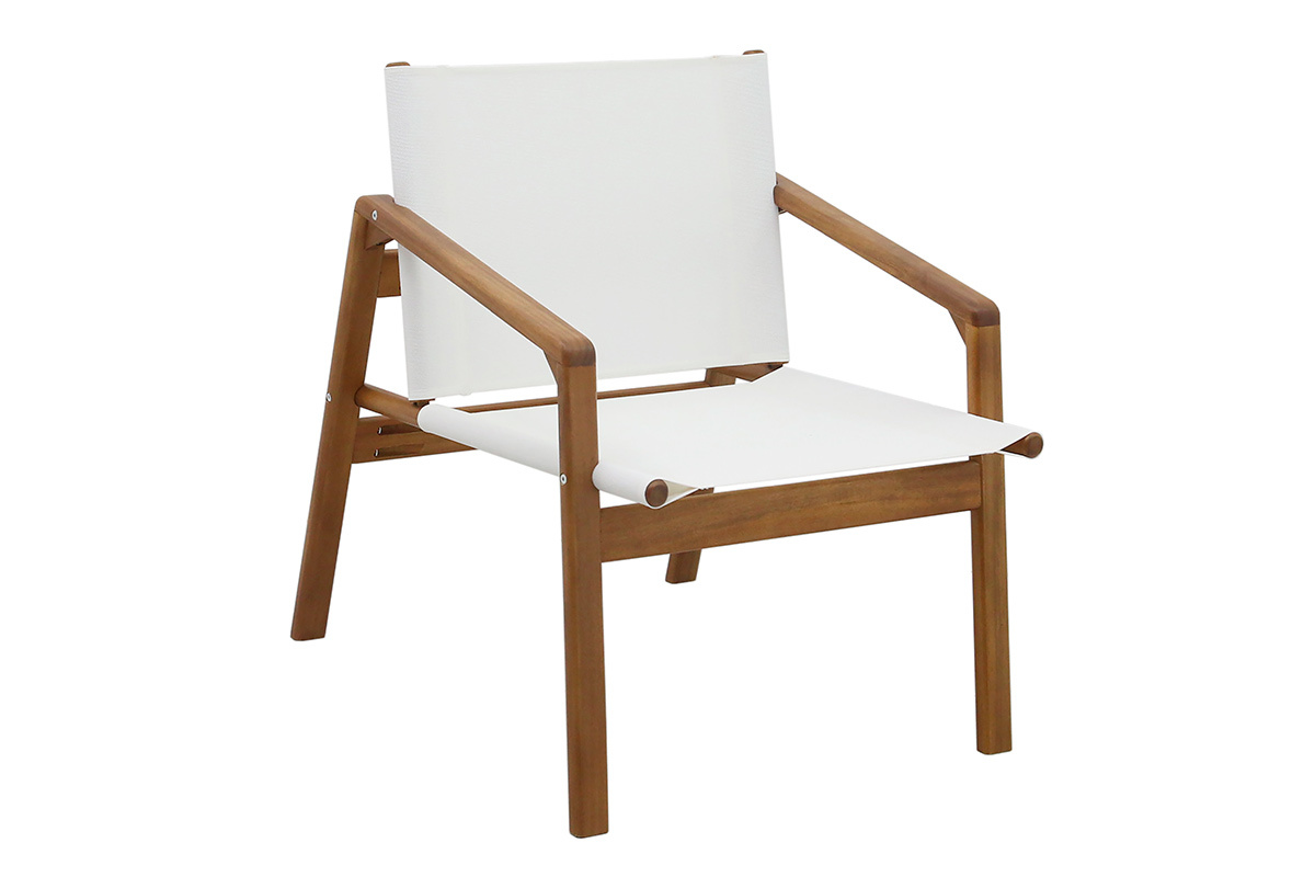 Silla de jard�n de madera maciza de acacia con asiento blanco, vista de 3/4.