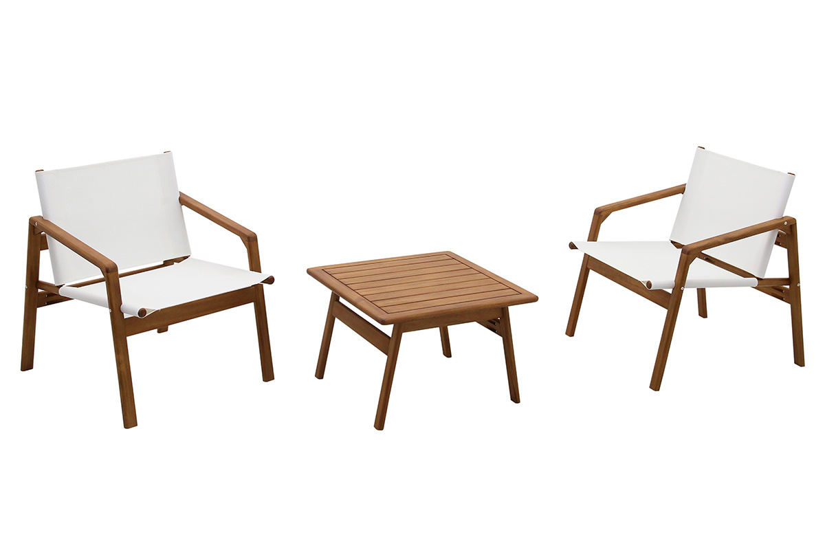 Juego de jard�n PADANG con dos sillones blancos y una mesa baja de madera maciza, vista frontal.
