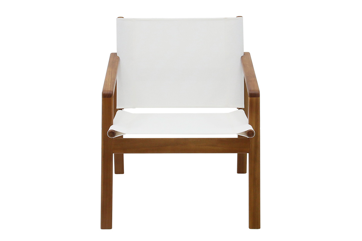 Silla de jard�n de madera maciza y tela blanca, vista frontal.