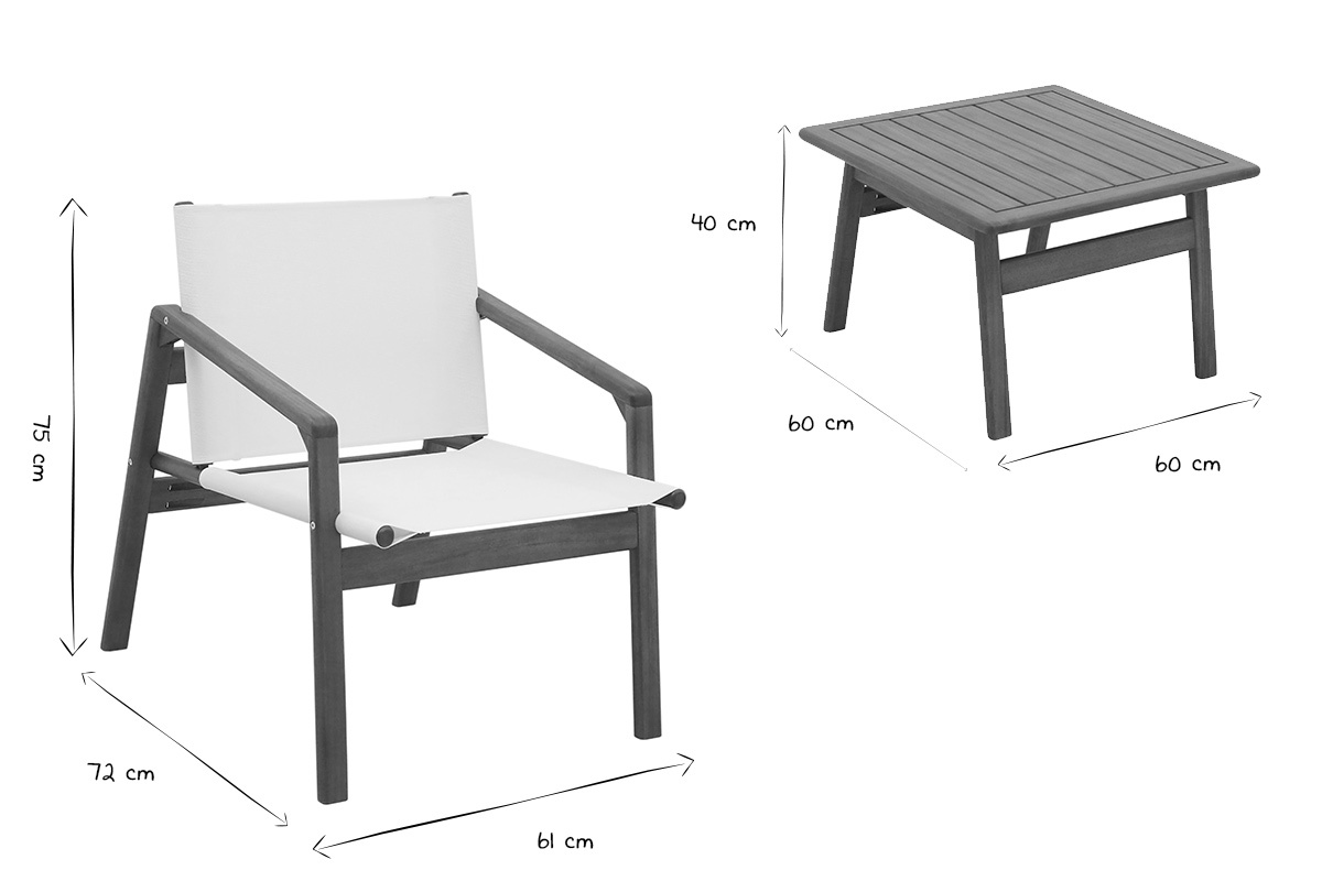 Dimensiones de una silla y mesa de madera maciza, negro y blanco.