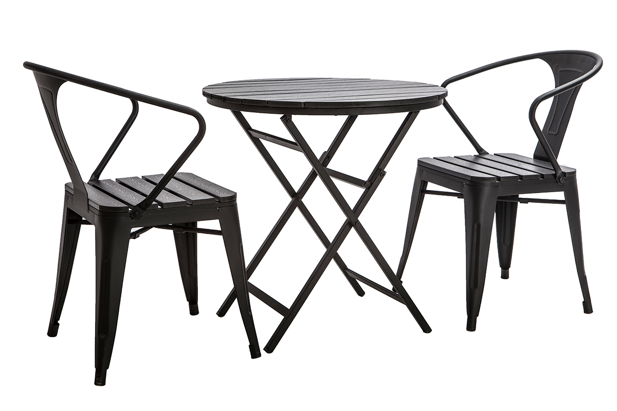 Saln de jardn con mesa plegable y sillas madera y metal negro BERLINER